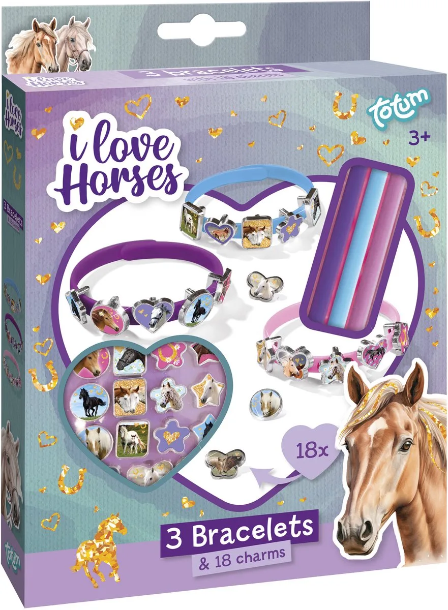 I Love Horses Schuifarmbandjes maken - 3 stuks - Met 18 bedels - Speelgoed Kinderen - Knutselen - Voor meisjes en jongens - Ook voor kleuters - Vanaf 3 jaar de Totum en Paarden – photo du produit