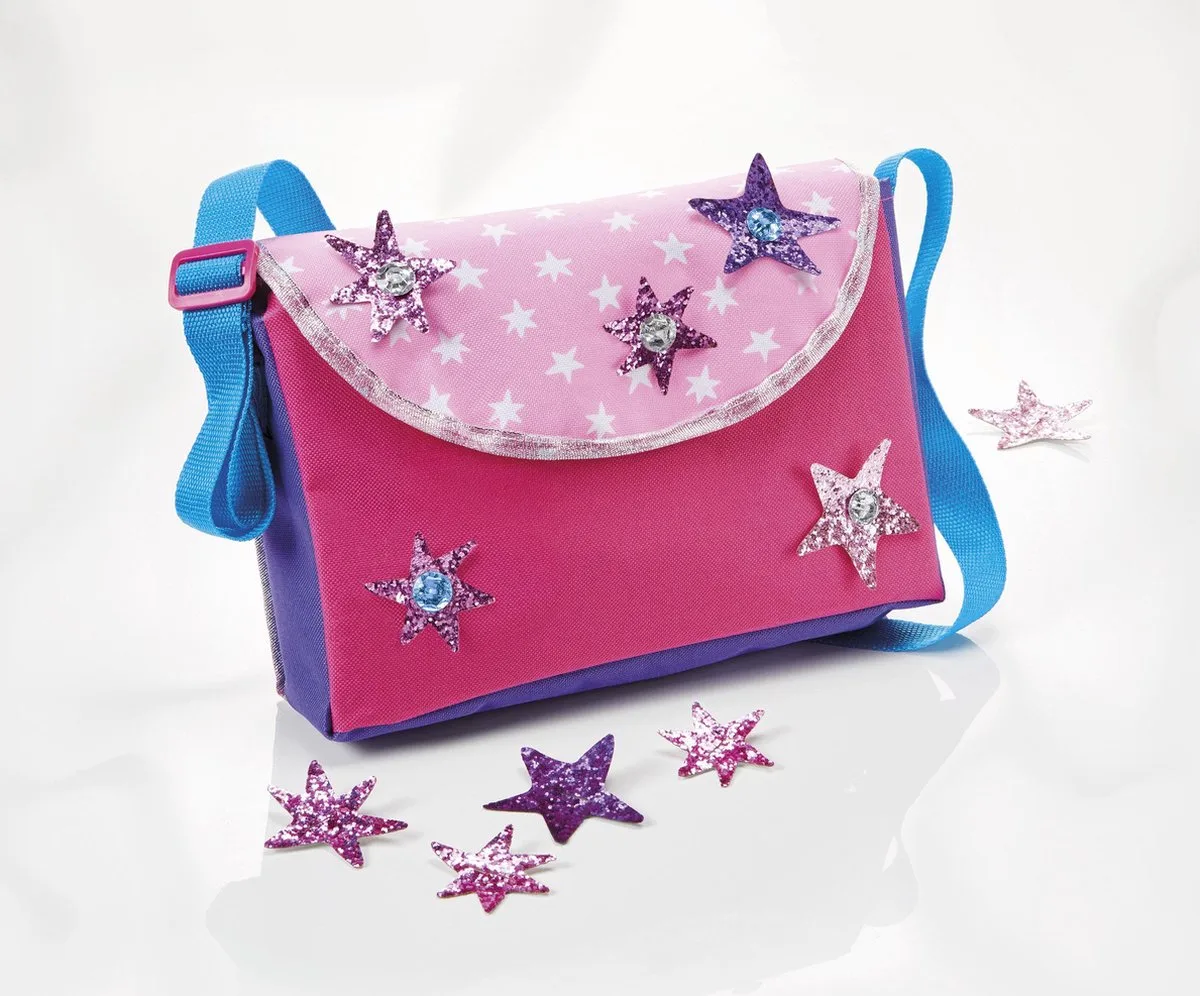 mode - glitter schoudertas versieren - kindertas 27 x 18 cm met schouderband en sterren fra Totum i Fuchsia, Rose, Blå, Hvid, Lilla – produktbillede