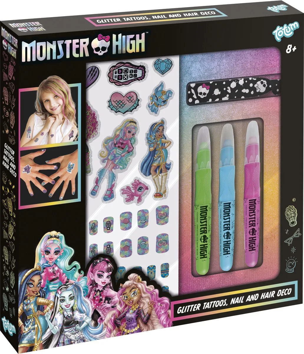 Nagel-, haar- en Glittertattoo set - Met 3 kleuren haarkrijt - Knutselen - Voor meisjes - Vanaf 8 jaar - Speelgoed kinderen från Totum i Monster High – produktbild