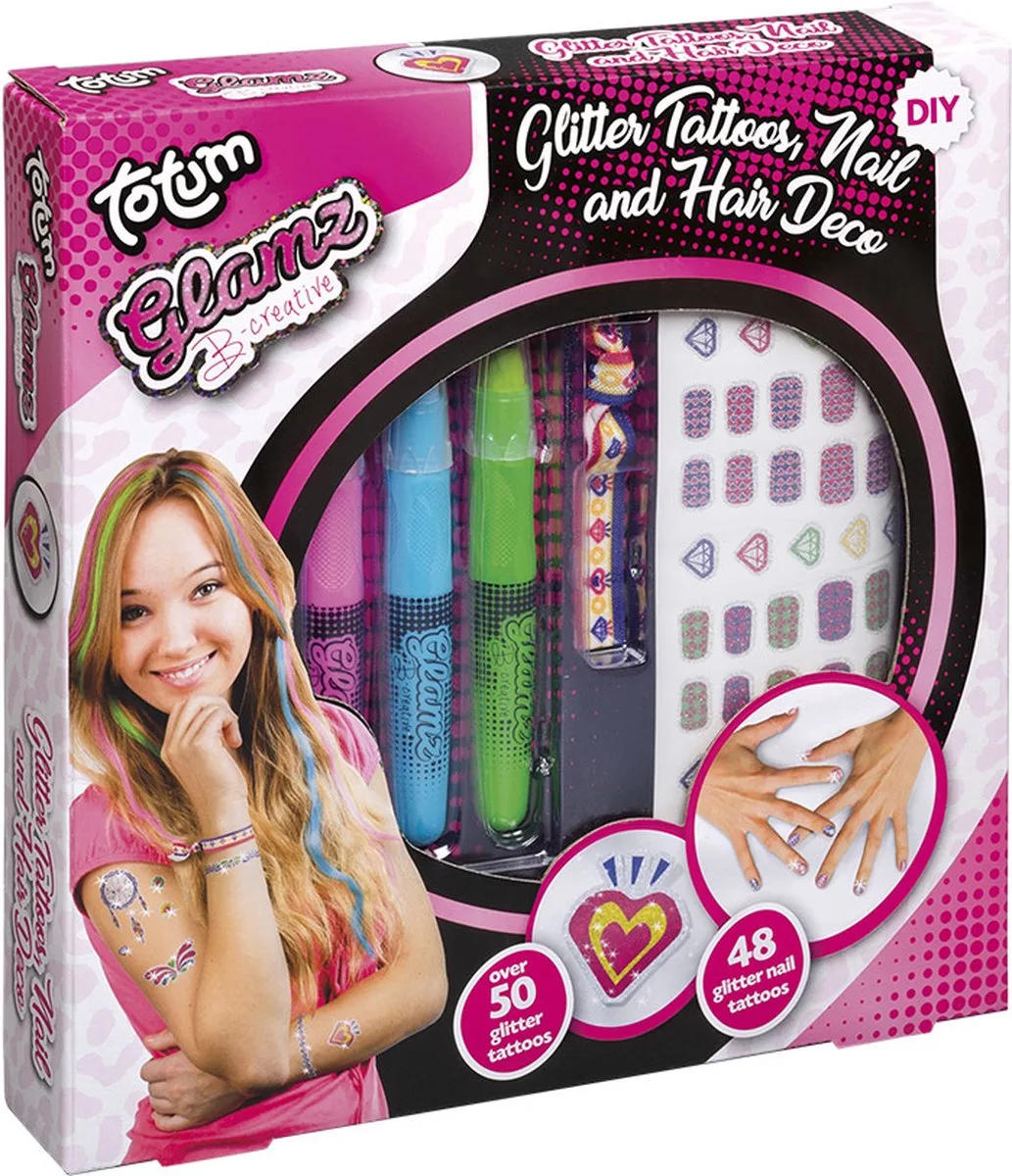 Coffret Créatif Ongles Tatouage Et Cheveux Glamz 25x25 Cm de Totum en Multicolore, Rose, Vert, Bleu, Jaune – photo du produit