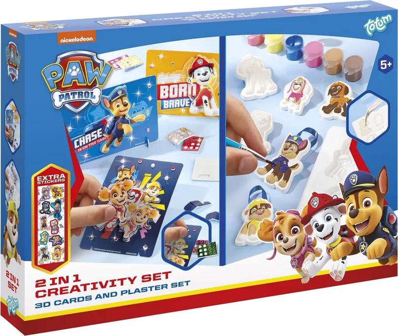 PAW Patrol Totum Knutselset 2 in 1 set 8 kaarten maken met mozaïekstickers en Gips gieten - incl. gips, verf en penseeltje van Totum in PAW Patrol 2 in 1 Pixelkaarten en Gipsen – productfoto