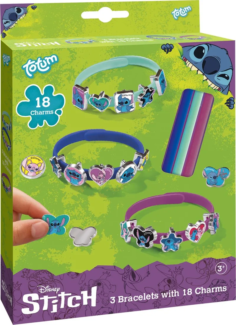 Schuifarmbandjes maken - 3 stuks - Met 18 bedels - Speelgoed Kinderen - Knutselen - Voor meisjes en jongens - Ook voor kleuters - Vanaf 3 jaar by Totum in Disney Stitch – product photo