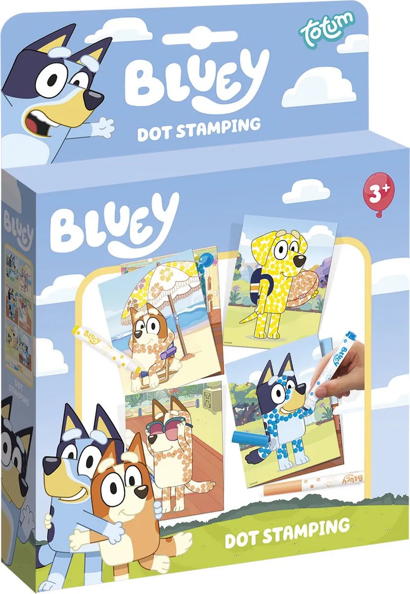 Stempelkunstboek - 6 kleurkaarten - Met 3 stempelstiften en sjablonen - Speelgoed Kinderen - Knutselen - Voor meisjes en jongens - Ook voor kleuters - Vanaf 3 jaar by Totum in Bluey – product photo