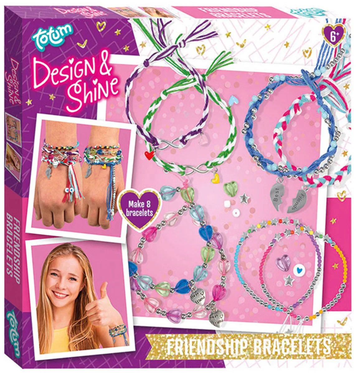 Totum 8 vriendschaps armbandjes maken Design & Shine | incl. metalen hartbedels | sieraden pakket cadeau tip creatief speelgoed meisjes vanaf 6 jaar de Totum en Friendship Bracelets – photo du produit