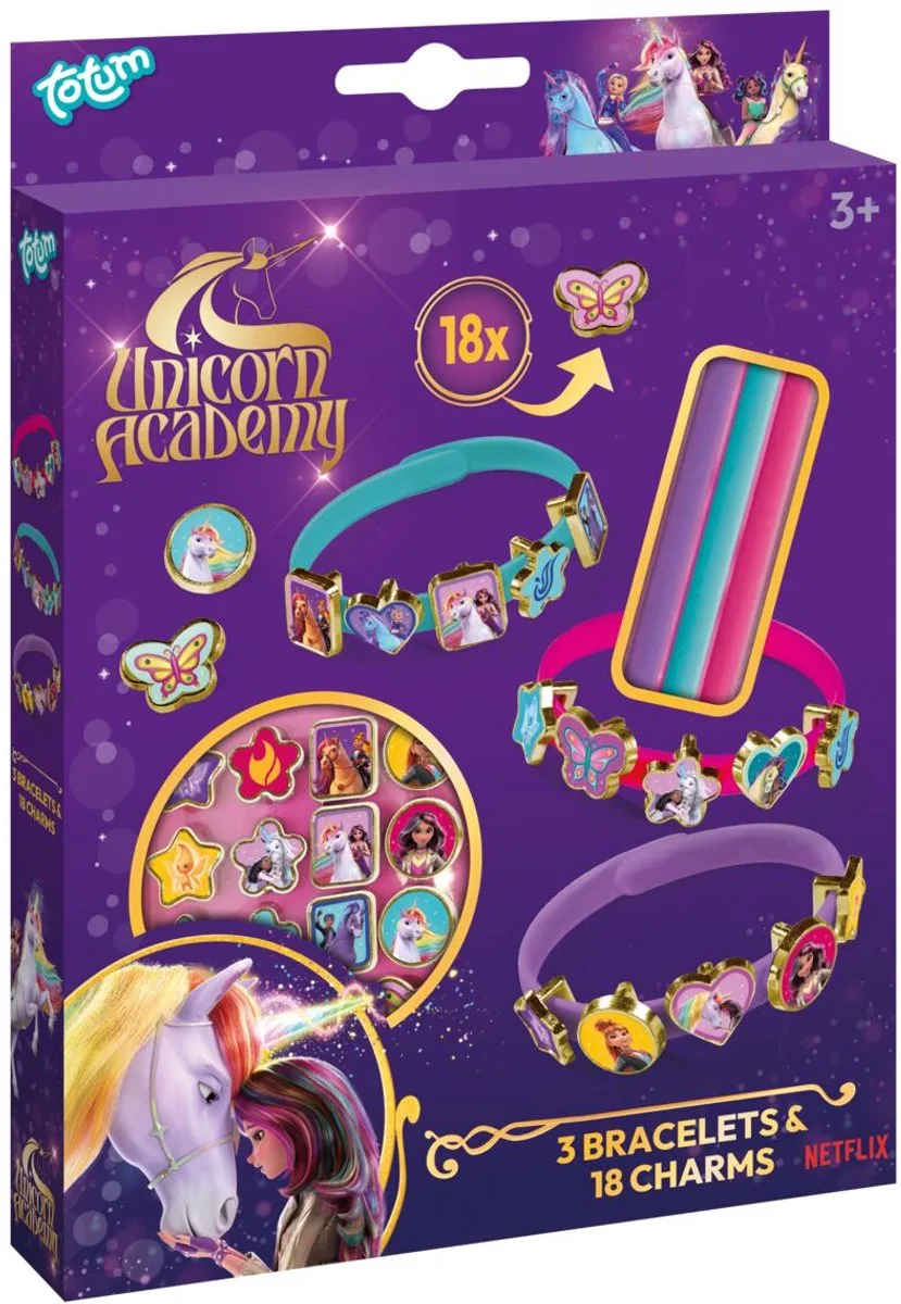 Unicorn Academy Schuifarmbandjes maken - 3 stuks - Met 18 bedels - Speelgoed Kinderen - Knutselen - Voor meisjes - Ook voor kleuters - Vanaf 3 jaar van Totum in Totum – productfoto