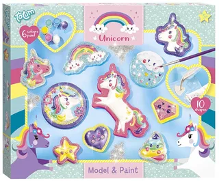 Unicorn gips gieten schilderen model & paint 10 gipsfiguren maken incl. 5 kleuren verf en penseel - knutselset cadeau tip speelgoed meisjes en jongens vanaf 5 jaar by Totum in Unicorn gipsset – product photo 1 of 2