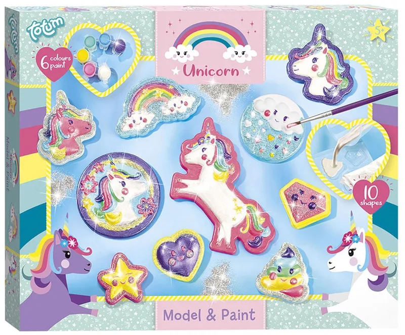 Unicorn gips gieten schilderen model & paint 10 gipsfiguren maken incl. 5 kleuren verf en penseel - knutselset cadeau tip speelgoed meisjes en jongens vanaf 5 jaar by Totum in Unicorn gipsset – product photo 1 of 2