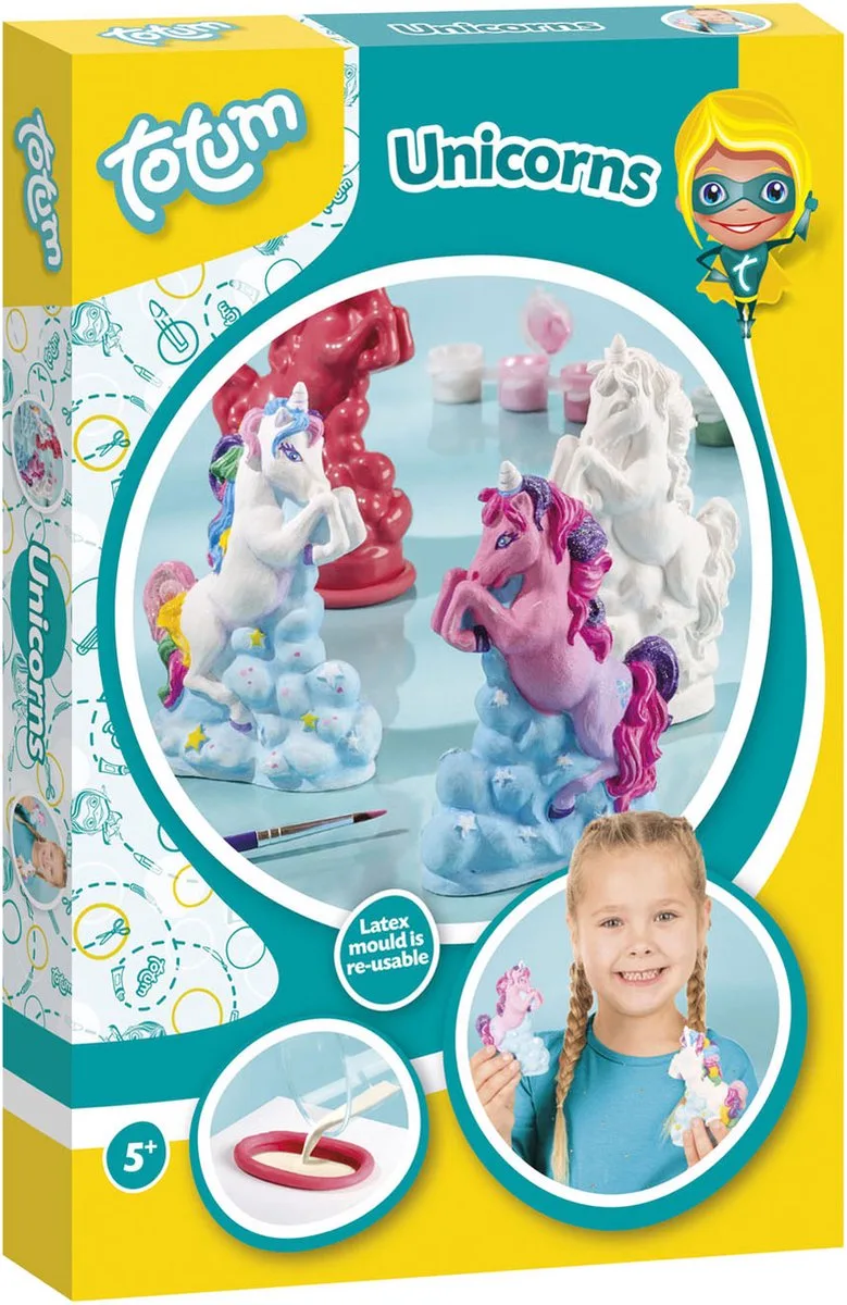 Unicorn knutselset gips gieten en beschilderen incl. 7 verf kleuren & herbruikbare mal by Totum in Red, White, Pink, Yellow, Green, Blue, Purple – product photo