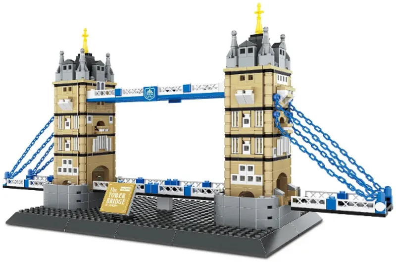 Bouwstenen Model van de Tower Bridge in Londen –Tower Bridge Bouwpakket – Decoratief Modelbouwpakket – Inclusief Kettingen en Displaybasis-Willekeurige mix van Wange in Kleuren alleen – productfoto