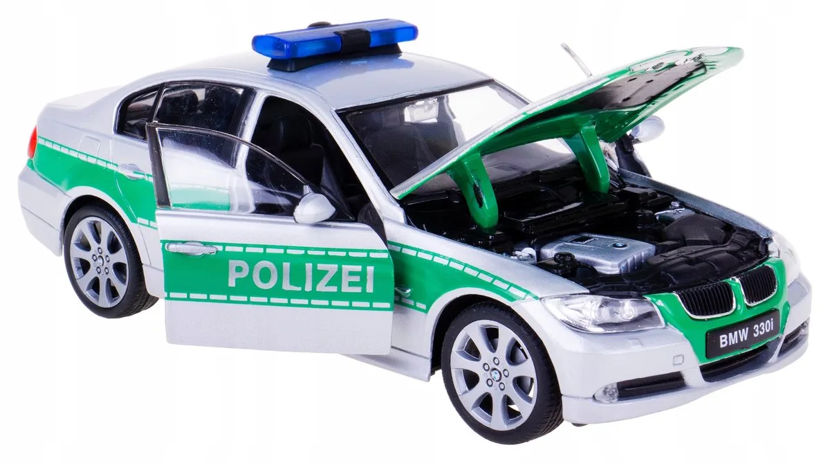 BMW 330i Polizei Model Auto Schaal 1:24 Metaal från Welly i Blå – produktbild