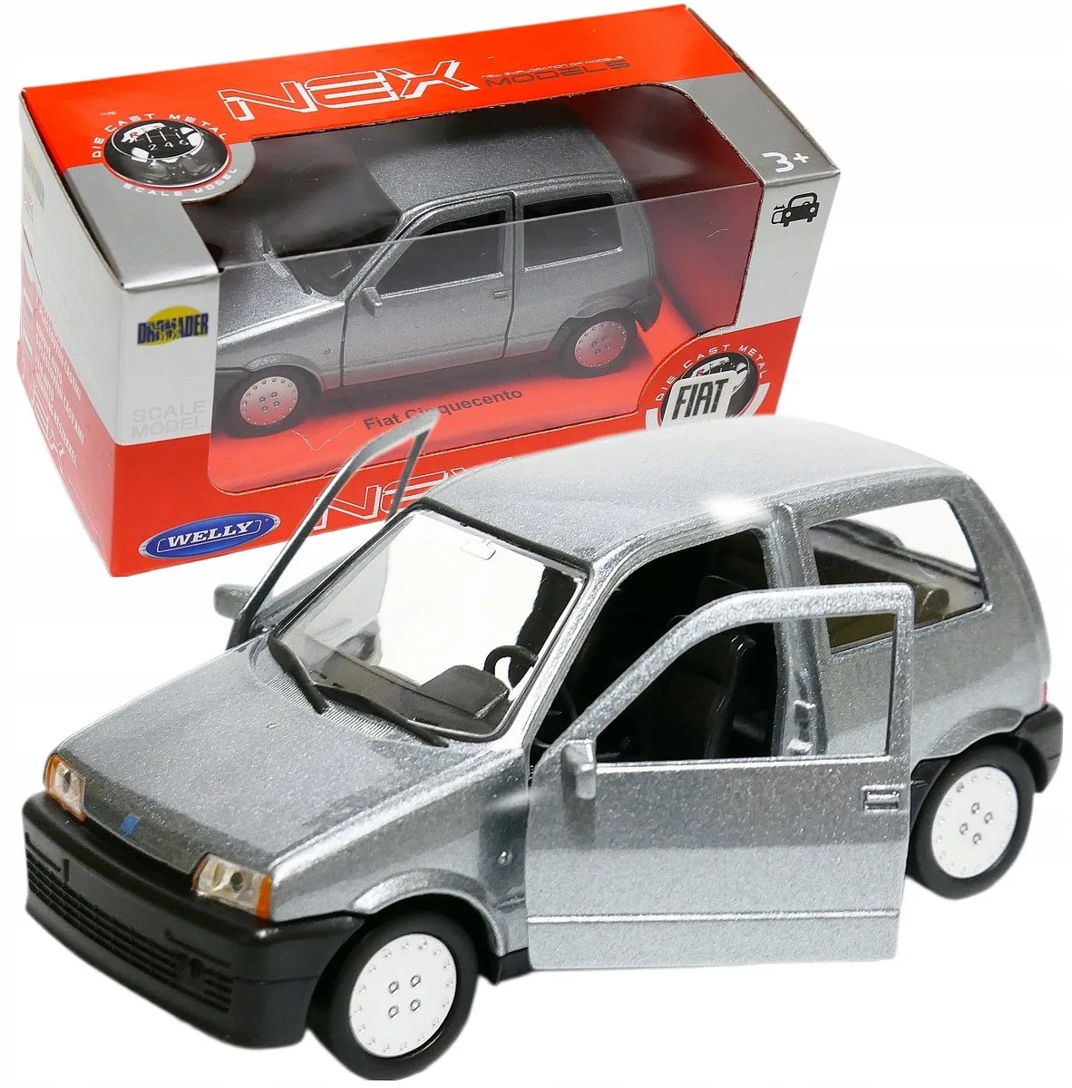 Fiat Cinquecento modelauto schaal 1:34 z metaal, z otw. deuren van Welly in Zilver – productfoto