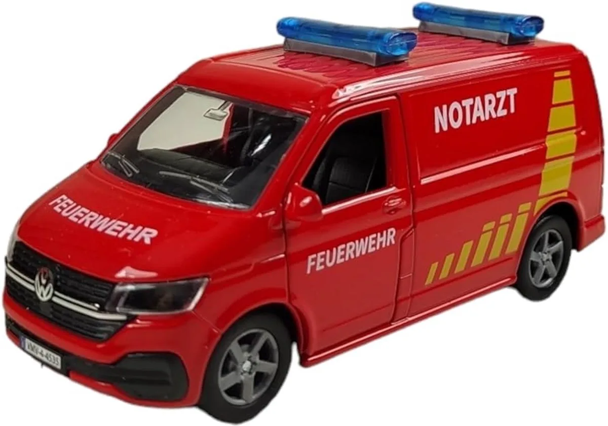 Kids Globe Volkswagen Transporter Notartz Feuerwehr Brandweer hulpdienst DE die cast met licht geluid 13,5 cm Pull-back från Welly i Röd – produktbild