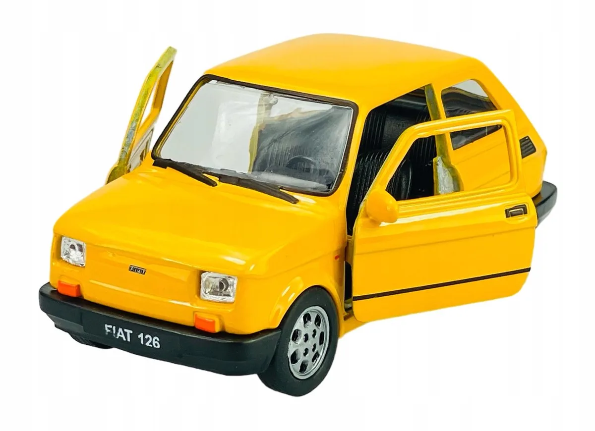 Merkloos Gele Fiat 126p Maluch Modelauto 1:34 Metaal fra Welly i Gul – produktbillede