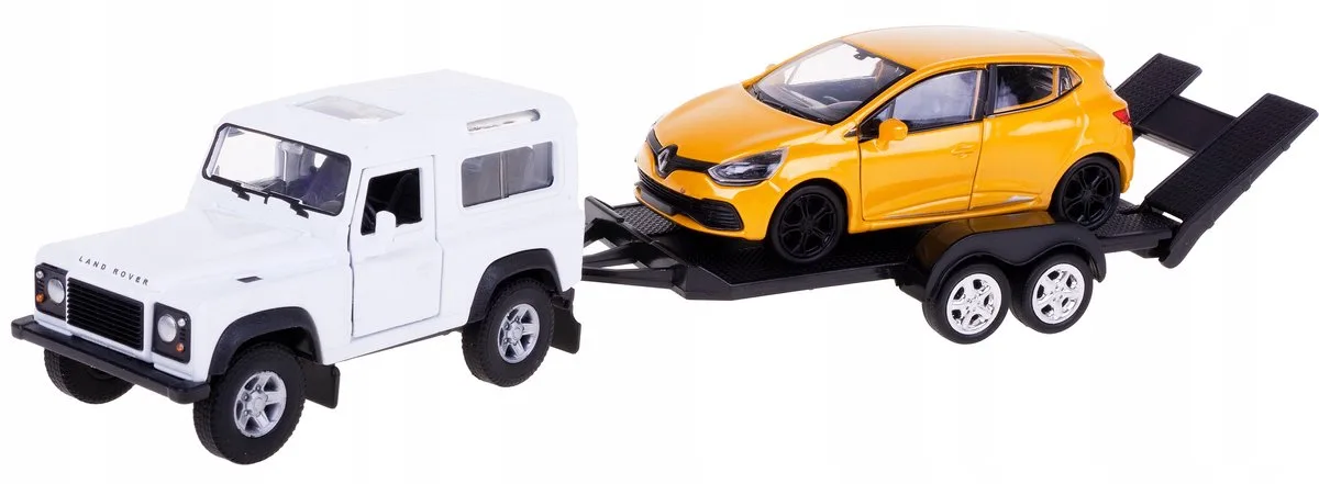 Metal Autoset: Land Rover Defender & Clio RS met opzetstuk fra Welly i Gul – produktbillede
