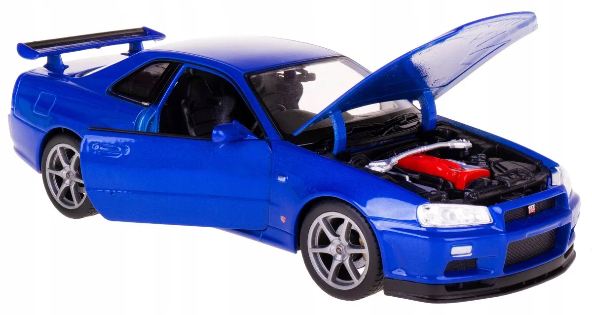 Nissan Skyline GT-R R34 Modelauto 1:24 fra Welly i Blå – produktbillede
