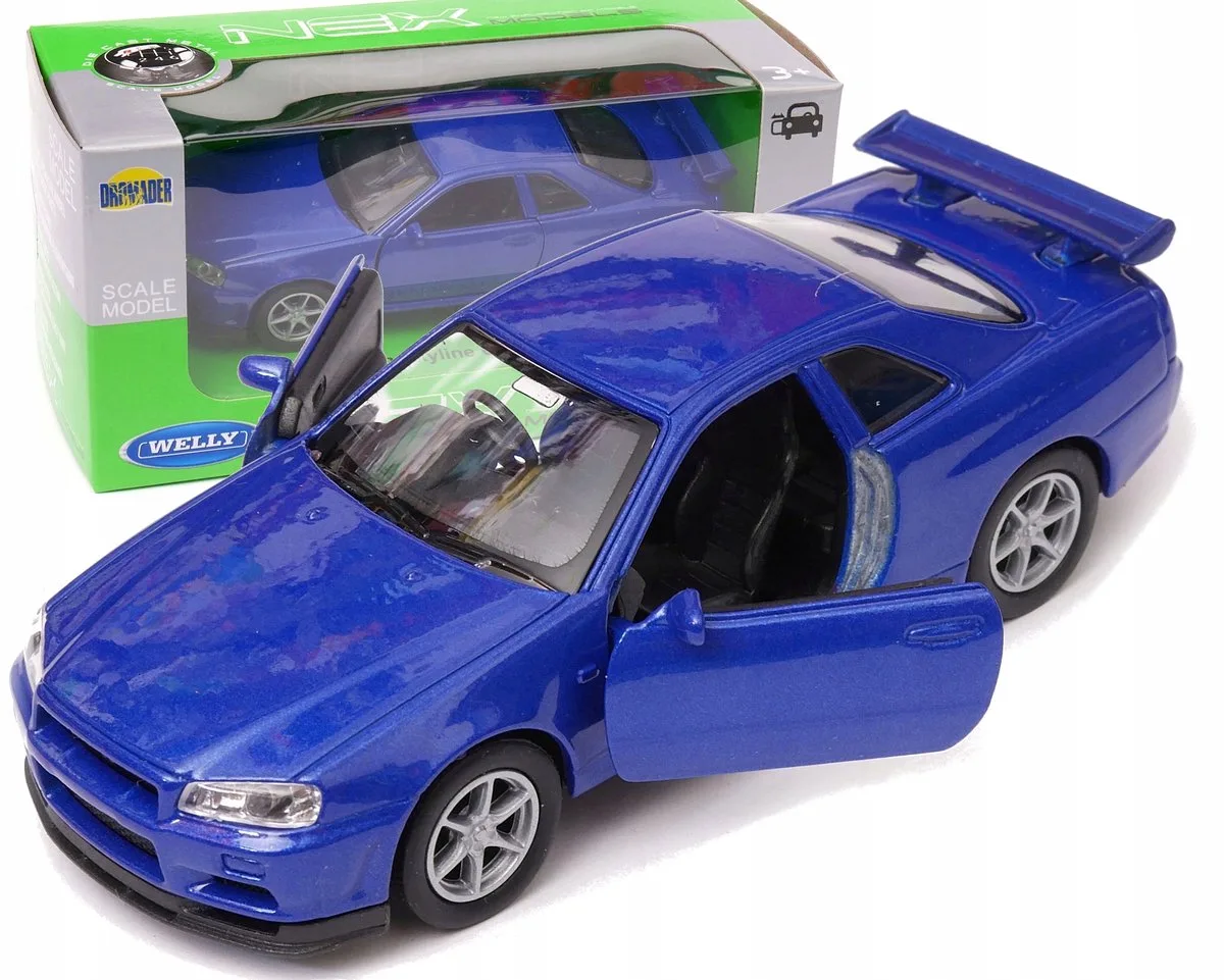 Nissan Skyline GT-R R34 Modelauto 1:34 von Welly in Blau – Produktfoto
