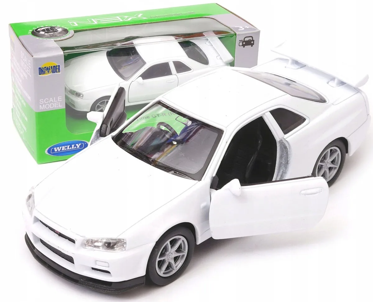 Nissan Skyline GT-R R34 Modelauto Schaal 1:34 fra Welly i Hvid – produktbillede