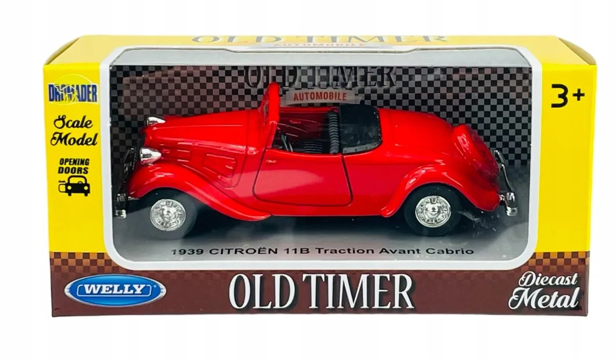 Old Timer 1939 Citroën 11B Traction Cabrio Rood 1:34 van Welly – productfoto