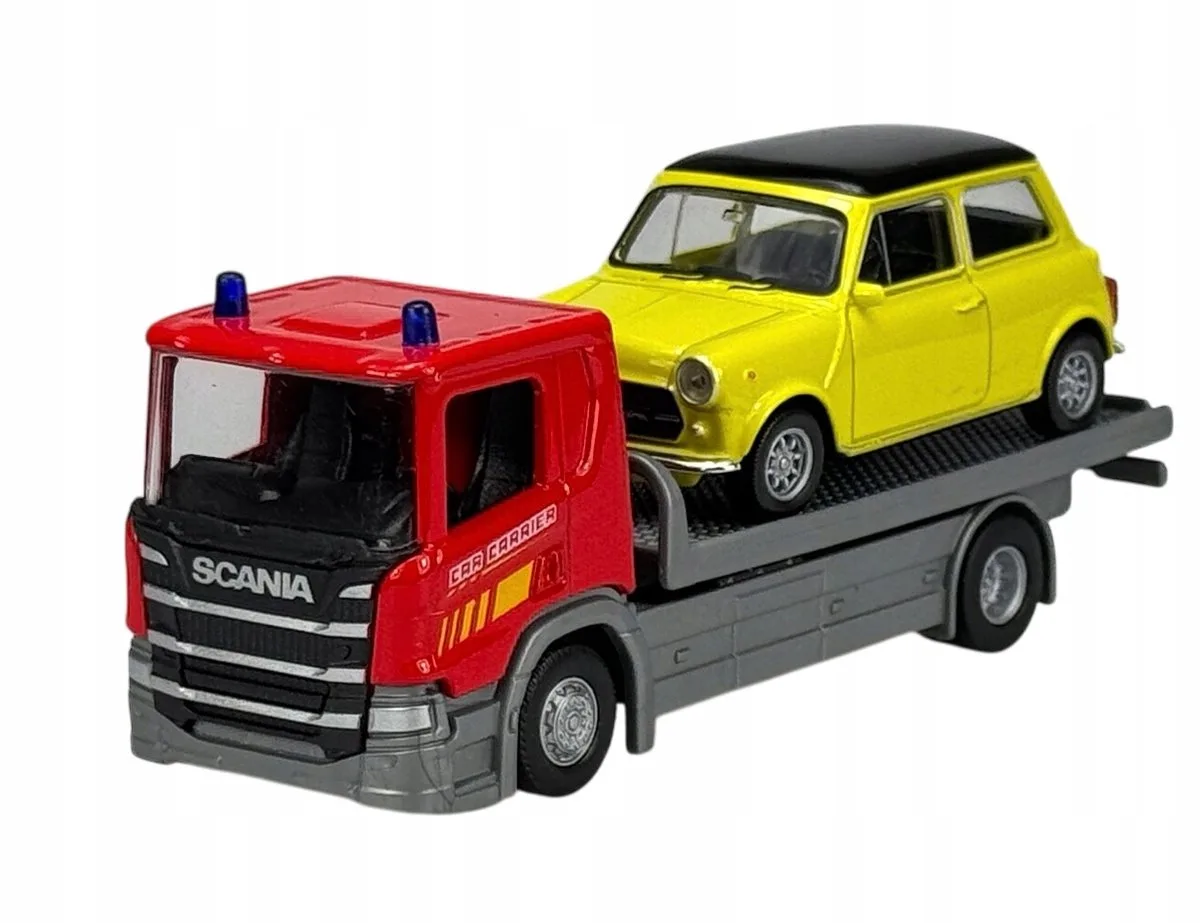 Scania P320 Truck met Mini Cooper 1300 Schaalmodelset från Welly i Gul – produktbild
