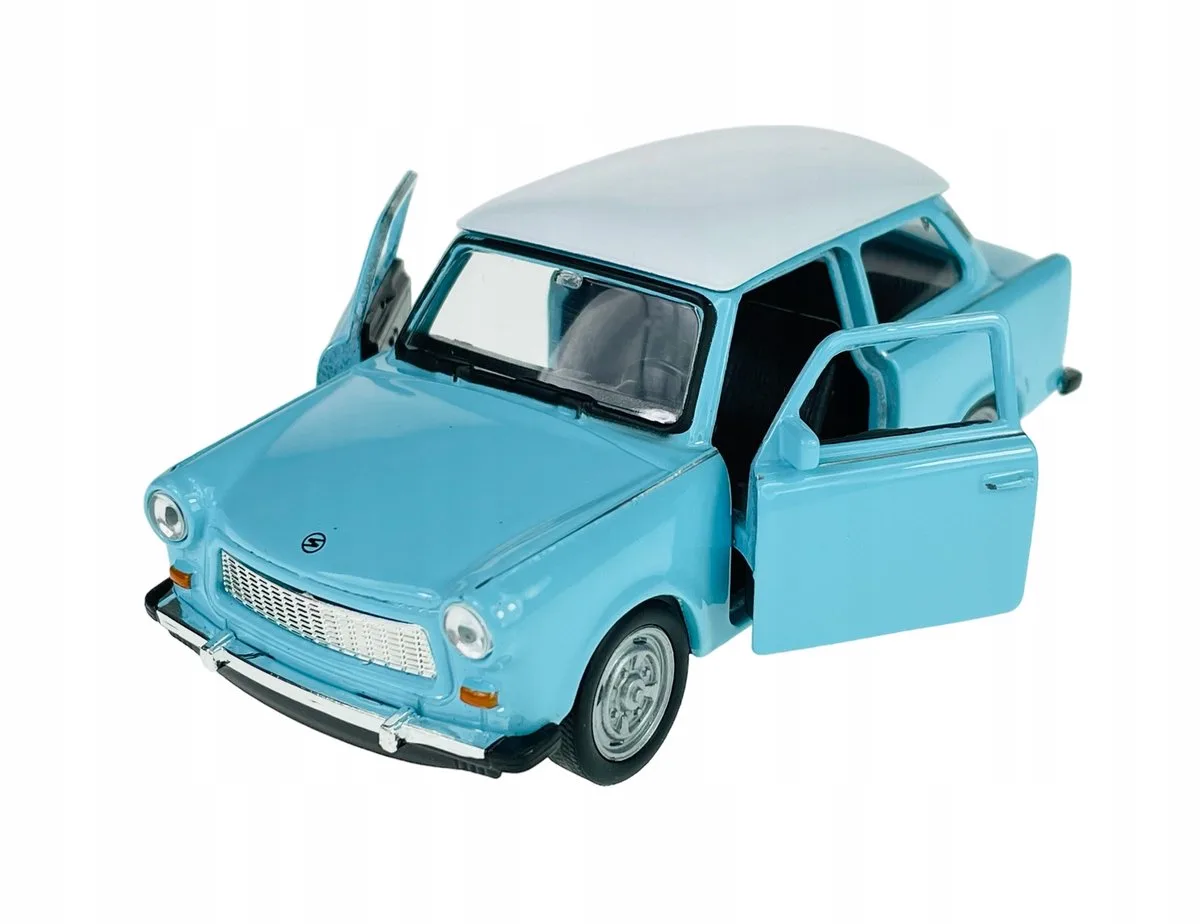 Trabant 601 Metaal Modelauto 1:34 met Wit Dak från Welly i Blå – produktbild