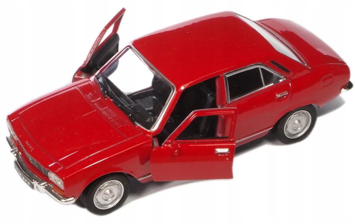Welly 1975 Peugeot 504 modelauto - metallic, rode kleur, openslaande deuren fra Welly i Rød – produktbillede