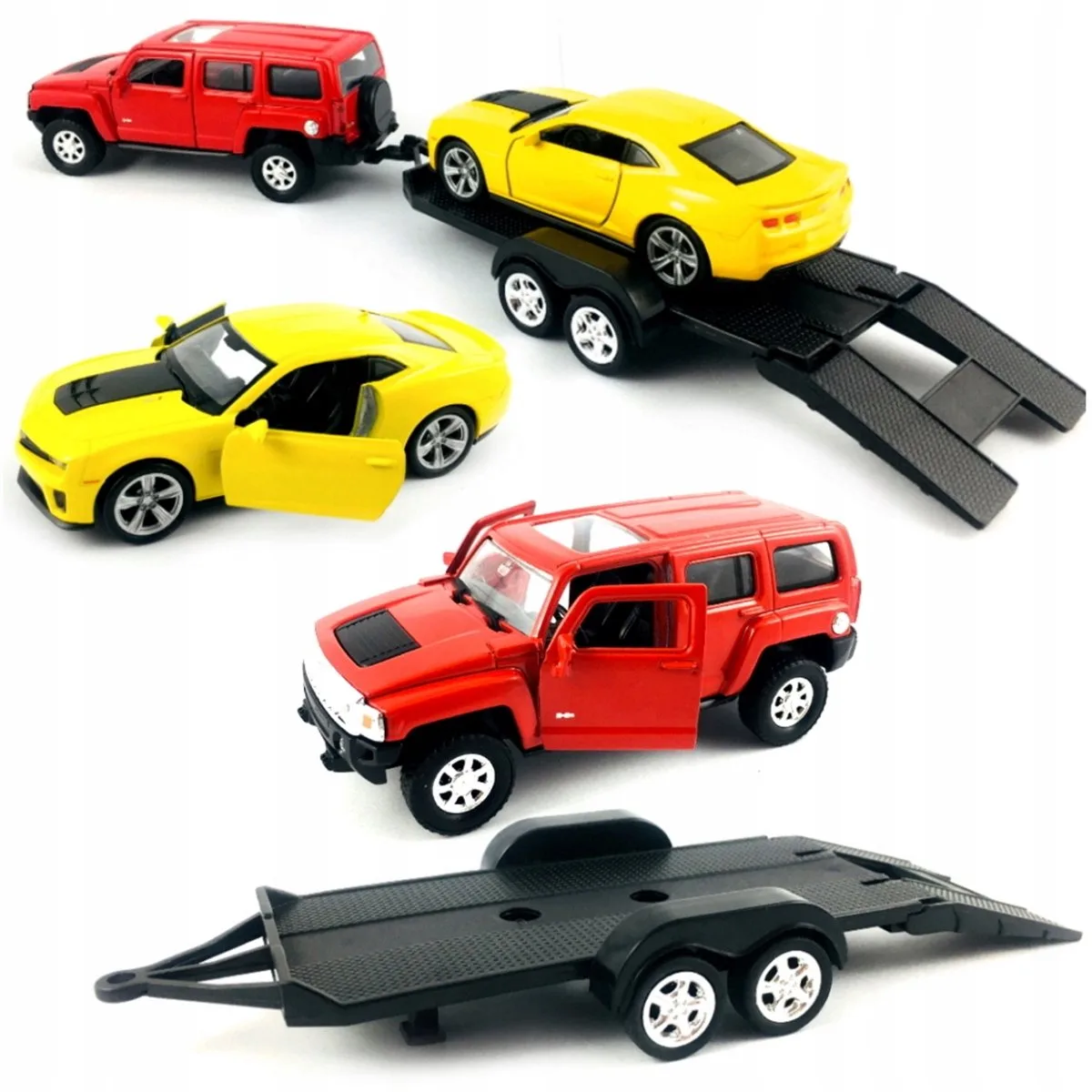 Welly-model: Hummer H3, Camaro ZL1 en aanhanger 1:34 fra Welly i Gul – produktbillede