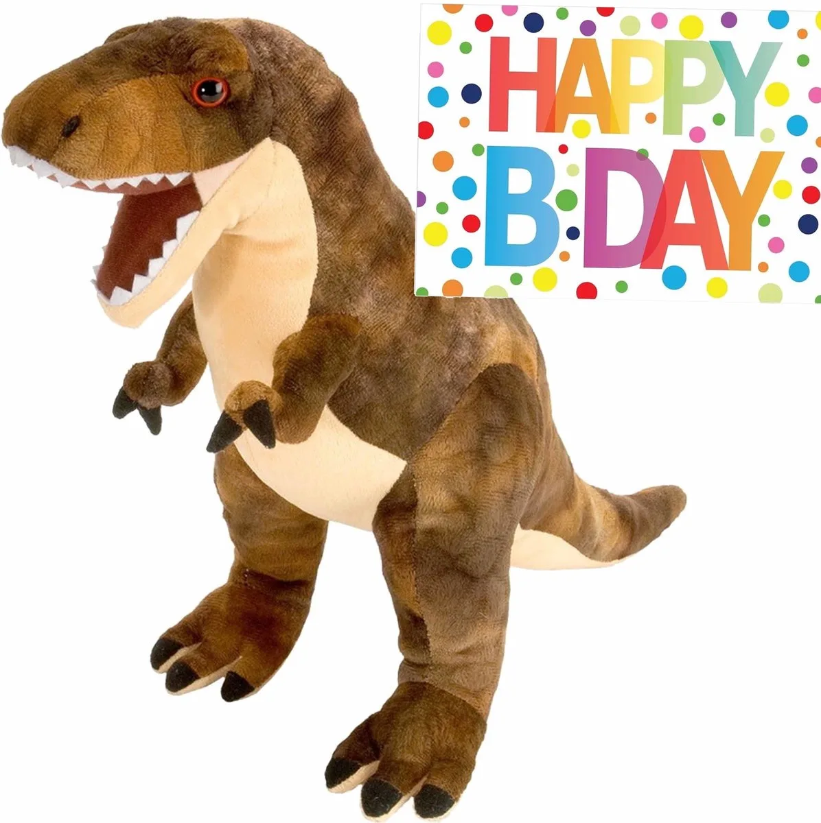 Pluche knuffel Dino T-rex 25 cm met grote A5-size Happy Birthday wenskaart - Verjaardag cadeau setje - Een knuffel sturen by Wild Republic in Brown – product photo