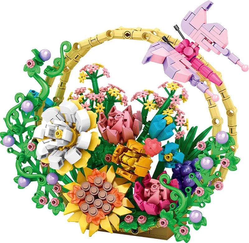 Bloemenboeket in mand | Botanical Flowers Collection | Classic Creator speelgoed wilde bloemen bouwpakket | Icons bloemenpracht modelbouw voor volwassenen kinderen | DIY kunstbloemen decoratie geschikt voor lego | Bouwdoos met 635 bouwstenen van WOMA in Bloemenblouwset: Fleurig boeket in mand, 635 bloks – productfoto