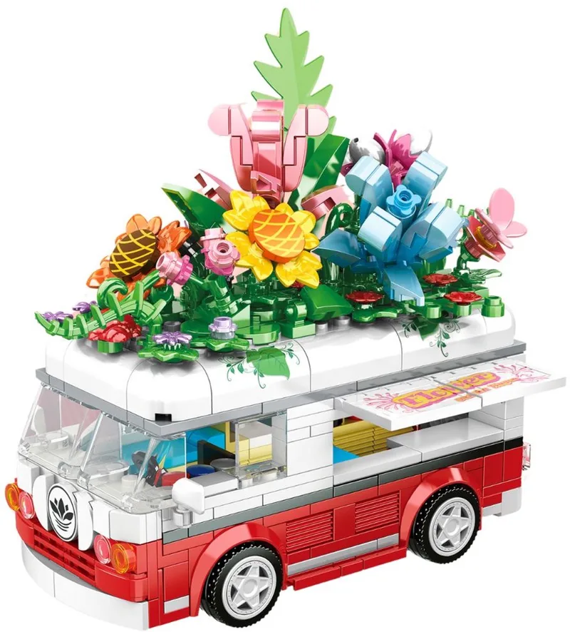 Building Set - Bloemen Kampeerbus Bouwset - Kleurrijke Bloemen Bouwpakket – Creatieve Bloemenboeket Constructieset – Compatibel met LEGO – Educatief STEM Speelgoed - 457 Stuks by WOMA in Flower Camper – product photo