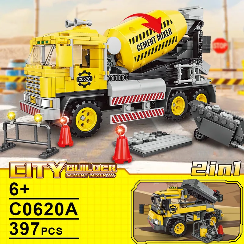 City Builder - Bouwpakket - Bouwblokken - Bouwset - Bouwvoertuigen bouwset - Compatibel met Lego bouwstenen - 397 Stuks by WOMA in Cement Mixer – product photo