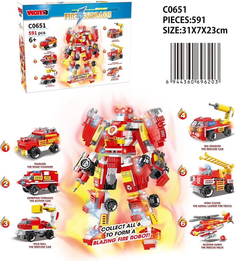 Fire Brigade 6 in 1 Bouwset - Brandweer Reddingsrobot - Brandweer Bouwpakket - Bouwblokken - Branweerwagen Bouwset - Compatibel met Lego bouwstenen - 591 Stuks by WOMA in Rood – product photo