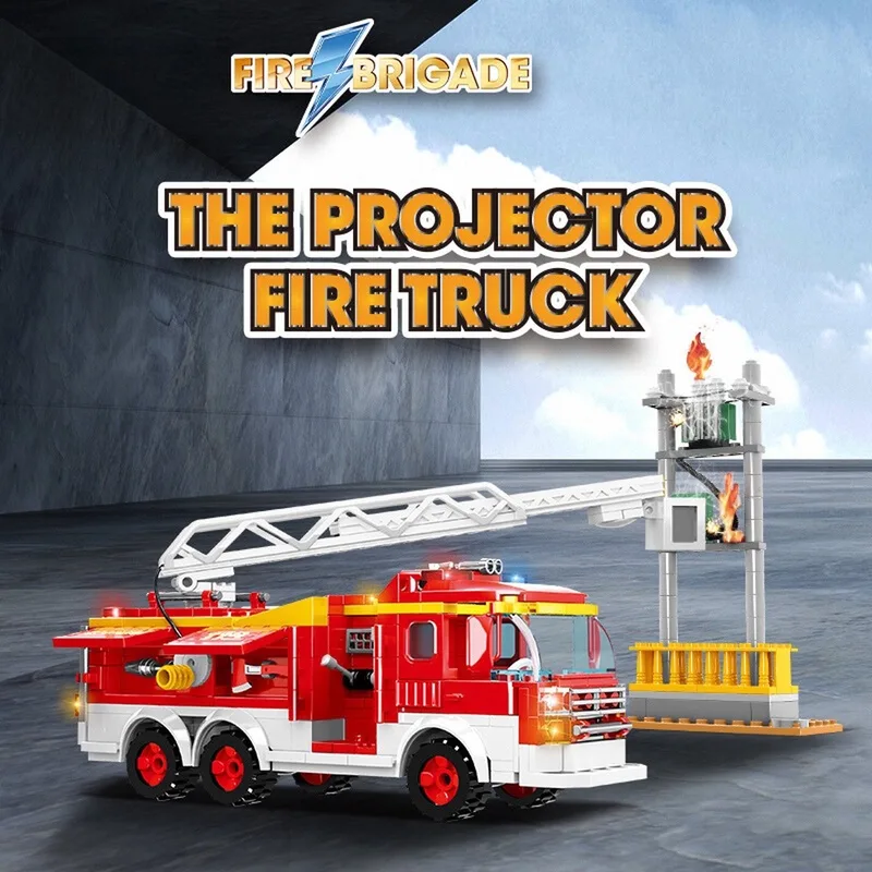 Fire Brigade - The Projector Fire Truck - Branweerwagen Bouwset - Brandweer Bouwpakket - Bouwblokken - Compatibel met Lego bouwstenen - 433 Stuks van WOMA in Geel – productfoto