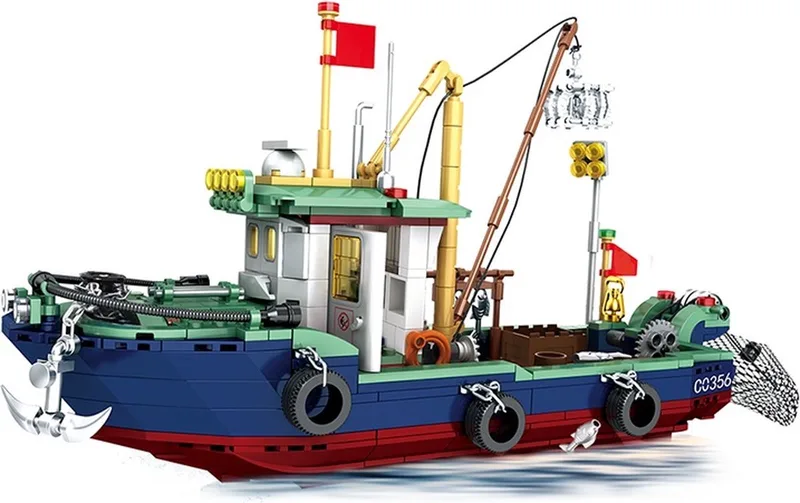 Vissersboot Speelgoed Set - Vanaf 6 Jaar - 582 Bouwstenen - Go Fishing - Zeevaart - Vissen - Marine - Bouwset - STEM Speelgoed - Bouwpakket - Bouwspeelgoed - Inclusief Handleiding van WOMA in Rood – productfoto