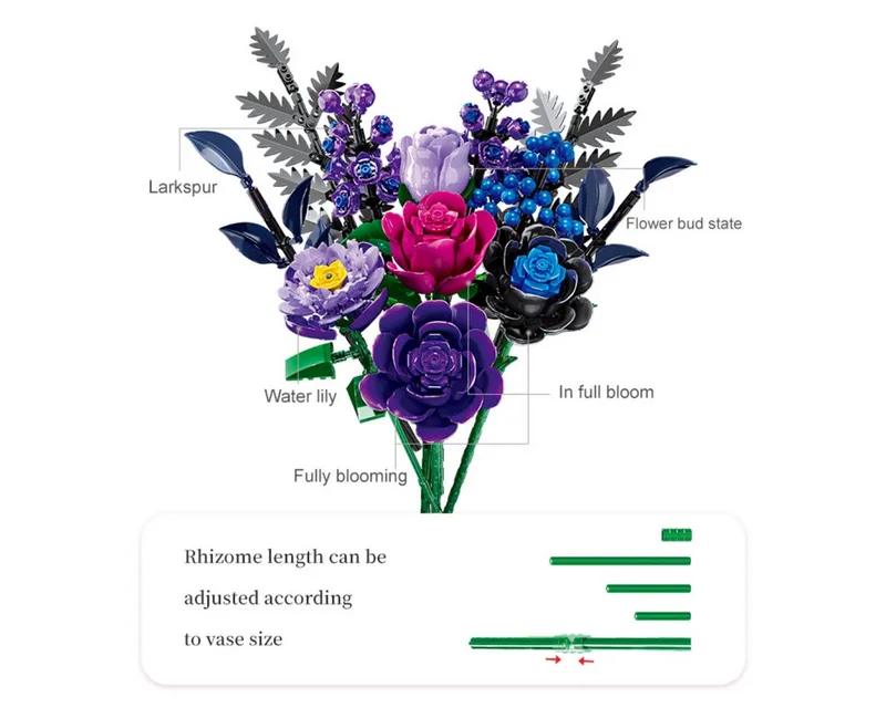 Woma 11542 Paarse Rozen BIoemen Boeket bouwset | Botanical Flowers Collection 2026 modelbouw | Classic Creator speelgoed bouwpakketten voor volwassenen & kinderen | bouwdoos met 759 bouwstenen de WOMA en Bloemenbouwset: Paarse rozen, 759 Bloks – photo du produit 3 sur 5