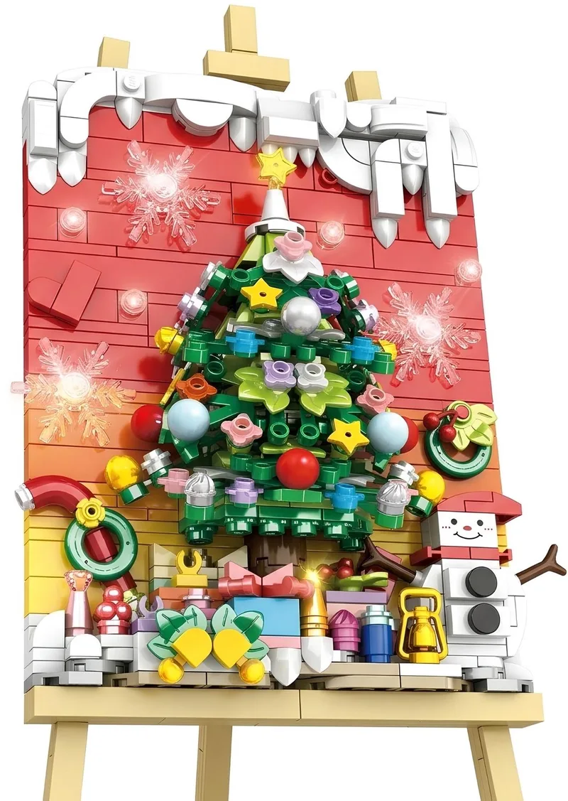 Woma 11816 kunst schilderij bouwset | Incl mini sneeuwpop | Creator classic bouwpakket | Educatief speelgoed voor volwassenen & kinderen | Kerst bloemen decoratie geschenkset | Niet geschikt voor lego | Bouwdoos met 577 bouwstenen by WOMA in 3D Kerstboom canvas – product photo