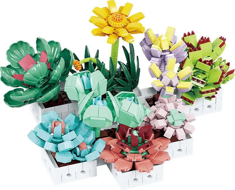 Woma 6 Mini Vet bloemen cactus plantjes bouwset | Botanical flowers collection | Classic Creator STEM speelgoed bloemenpracht modelbouw | Educatief Icons kunst bloemenboeket bouwpakket voor volwassenen & kinderen | geschikt voor Lego | 977 bouwstenen de WOMA en Bloemenbouwset: Mini Plantjes, 977 bloks – photo du produit