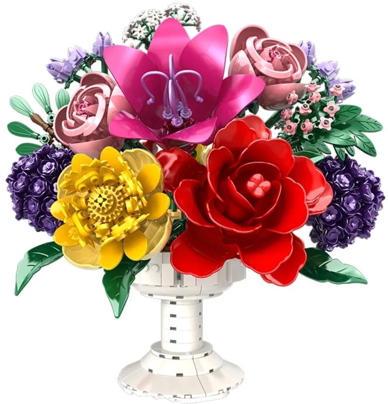 Woma 99143 Fantasie bloemstuk in vaas bouwset | Classic Creator speelgoed bouwpakketten voor volwassenen & kinderen | bouwdoos met 1070 bouwstenen de WOMA en Bloemenbouwset: Fantasie bloemstuk, 1070 bloks – photo du produit