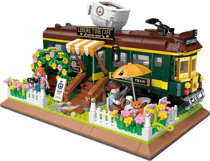 DZ6002 Classic Trein Café bouwset incl. 4 minifigures | City & friends adventure Modelbouw | Educatief Creator speelgoed bouwpakketten voor kinderen & volwassenen | Bloemen foodtruck niet compatibel met lego | Bouwdoos met 1081 bouwstenen von Zhe Gao in City – Trein Cafe, 1081 blokken – Produktfoto