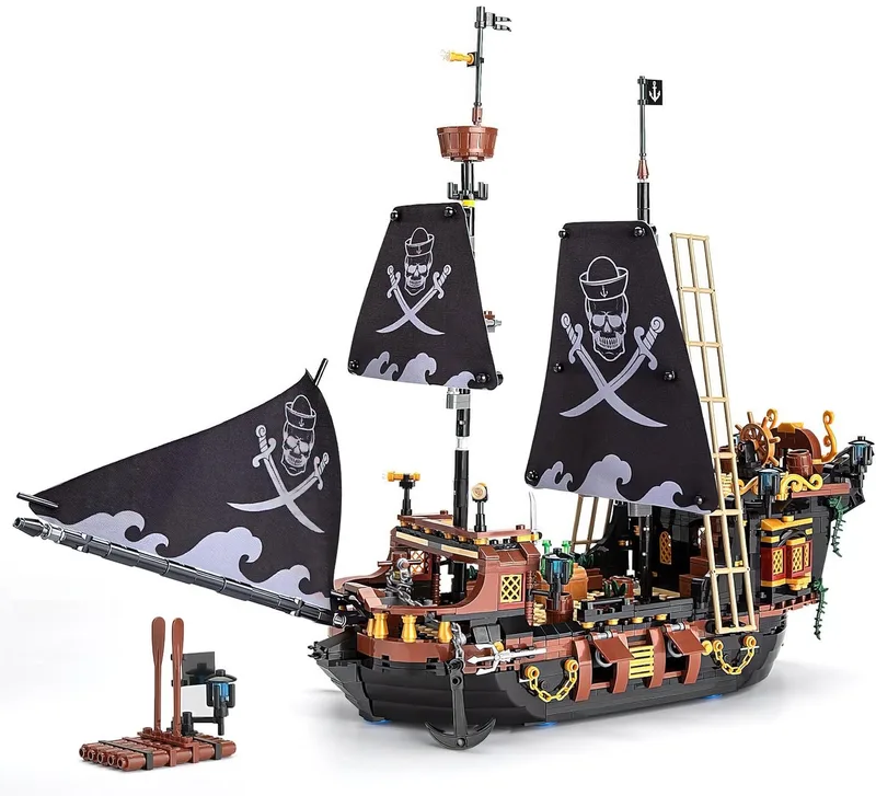 Zhe Gao 01041 Classic Piratenschip bouwset | Adventure of the Caribbean Modelbouw | Educatief Creator piratenschip speelgoed bouwpakketten voor kinderen & volwassenen | DIY pirates boat niet compatibel met lego | Bouwdoos met 1328 bouwstenen by Zhe Gao in Boten – Piratenschip incl. 4 figuren, 1328 blokken – product photo