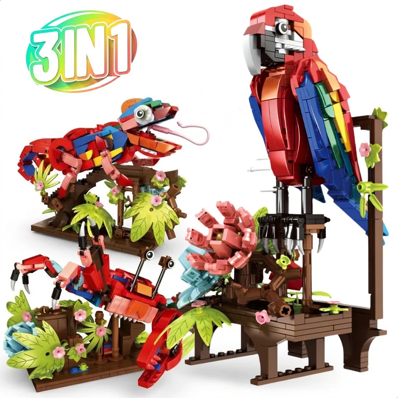 Zhe Gao 19064 - 3 in 1 Exotische Dieren bouwpakket | Papegaai kameleon crab met bloemen | Classic Creator STEM speelgoed | Icons modelbouw kunst bloemenpracht volwassenen en kinderen | DIY bouwset niet geschikt voor lego | Bouwdoos met 593 bouwstenen de Zhe Gao en Modelbouw – 3 in 1 Exotische Dieren, 593 blokken – photo du produit