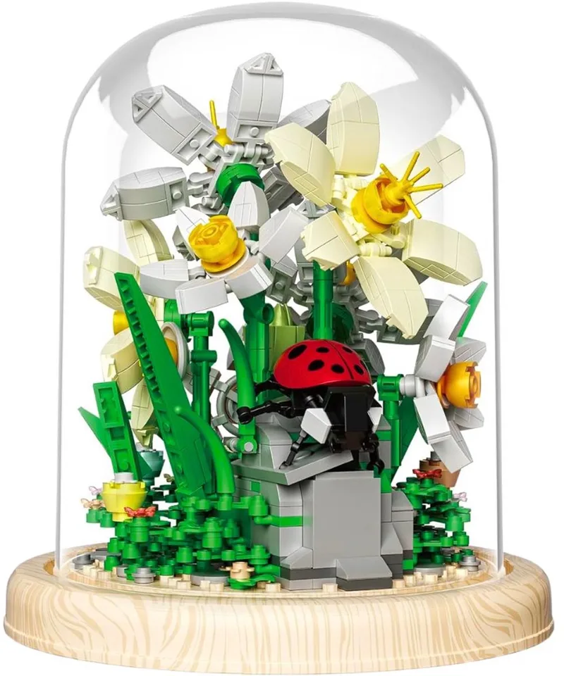 Zhe Gao 623001 Narcis bloemen in stolp bouwset | Botanical flowers collection modelbouw | Educatief Creator speelgoed bouwpakketten voor kinderen & volwassenen | DIY bloemenpracht kunstbloemen niet compatibel met lego | Bouwdoos met 623 bouwstenen by Zhe Gao in Bloemen: Narcis stolp met verlichting, 623 blokken – product photo
