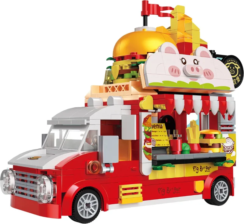 Zhe Gao 663006 Pork Hamburgertruck | City & Friends Adventure | Retro food truck | Classic Creator STEM speelgoed bouwpakket | niet compatibel met lego mega bloks | Kermis & Pretpark Auto Foodtruck modelbouw kinderen & volwassenen | 566 bouwstenen von Zhe Gao in City – Becon Burger truck, 566 blokken – Produktfoto