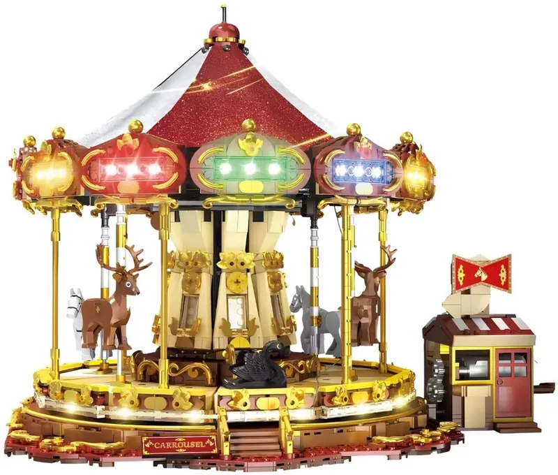 Zhe Gao 80031 Carousel met verlichtingen mega bouwset | City kermis architecture ideas modelbouw | Technische creator classic speelgoed bouwpakketten voor volwassenen & kinderen | Niet geschikt voor Lego technic | bouwdoos met 2872 bloks by Zhe Gao in City: Pretpark Carousel met verlichtingen, 2872 blokken – product photo