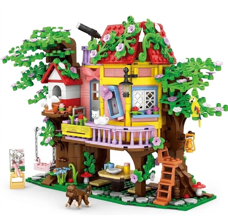 Zhe Gao 8841 Dieren Boomhut Poppenhuis bouwset | Pet friends botanical tree house modelbouw | Educatief constructie speelgoed bouwpakketten voor volwassenen & kinderen | Decoratie bonsai bloemen niet geschikt voor lego | Bouwdoos met 840 bouwstenen by Zhe Gao in City – Dieren Boomhut, 840 blokken – product photo