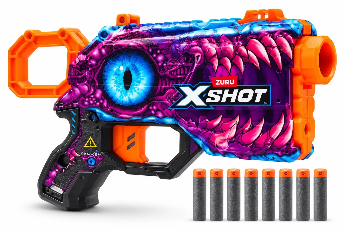 X-Shot Skins Menace Enigma Dinosaur – Dartblaster met 8 Air Pocket Darts – Bereik 24 m – 8+ by ZURU in Blue – product photo